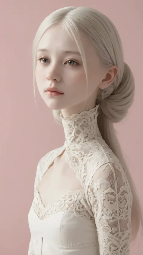  perfect anatomy,    Japanese girl , Alone、To a girl from before the evening、short head:1.7, albino skin, grey hair,    straight long hair  ,  light brown eyes, high neck lace fabric,  white clothes,     artistic,   bright pink background facing down  
