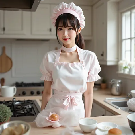 (highest resolution), (Ultra Clear Focus, Surrealistic Photorealistic:1.5), ((RAW photo of a top Japanese idol standing in the kitchen in a pastry chef costume:1.15)), (Very Beautiful, Slim, and White Clothes that accentuate Slender Slender:1.8), BREAK, ((...