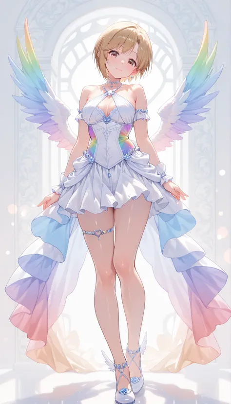 (Best Quality, super detailed, masterpiece, 8k, 16k, Wallpaper, Anatomically correct, fine detailed skin, fine detailed eyes, fine detailed hands, Accurate hands), 1 girl, (aiba yumi), full body, light smile, head tilt, medium chest, Rainbow colors, Bright...