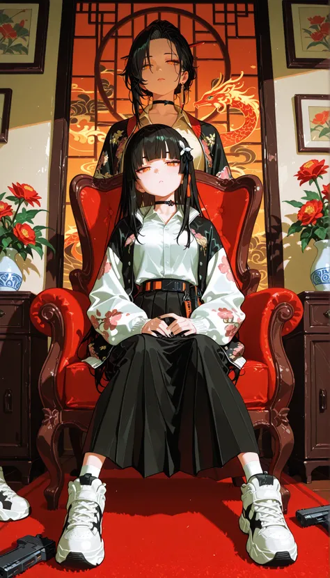 1girl, jitome(0.5), orange eyes, short black hair, blunt bangs, medium breast, black ribbon, phoenix pattern Sukajan, pleated slit long skirt, choker, black nail polish, Functional Sneakers, Masterpiece, best quality, perfect details, perfect composition, ...