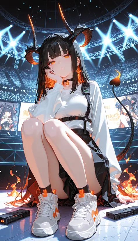 1girl, jitome(0.5), orange eyes, short black hair, blunt bangs, medium breast, black ribbon, phoenix pattern, Idol, Kpop, pleated slit long skirt, choker, black nail polish, Functional Sneakers, long tail, long horns, Masterpiece, best quality, perfect det...
