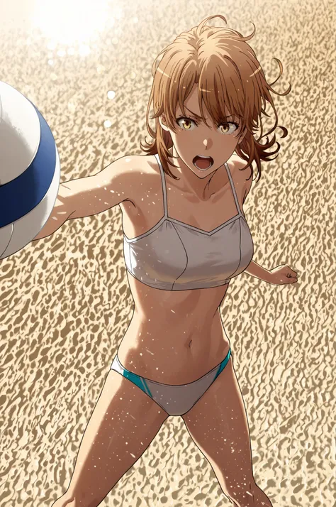 iroha isshiki, short hair, brown hair, brown eyes,,Beautiful summer sea, A woman in high legs playing beach volleyball on a white sand beach, Active movement and radiant skin, Long Hair Fluttering in the Wind, attractive expression, Dynamic Appearance, HDR...