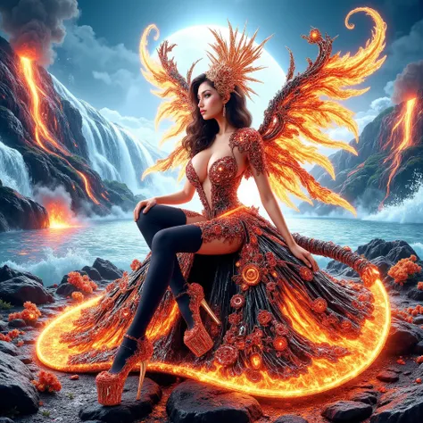 A cute girls white-skinned, blue-eyed, thin lips, Gigantic fake boobs veins, asian girls in a dress standing in front of a car, UHD, luxurious mechanism dress, ornate dress, shiny dress, sparkling dress, glossy motif dresses, elaborate fantasy dress with g...