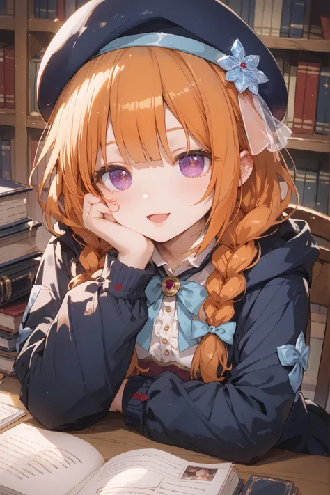 {{{yuni (princess connect!)}}}, petite build,small breasts,black tights,Navy blue beret, orange hair, twin braids, purple eyes, st. theresa's girls academy school uniform,Oversized navy blue hooded jacket, Ruffled Clothes,light blue ribbon,lovely style,(cl...