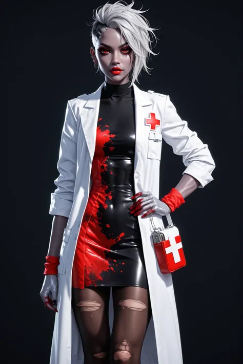 Pox, rugged young woman, silver hair, gray skin, red eyes, charcoal black skin, obsidian skin, gaunt face, athletic build, ripped pantyhose, medical coat, short dress, surgical tools, bionic limbs, blood splatter, medic bag, red wrist wraps, standing, blan...