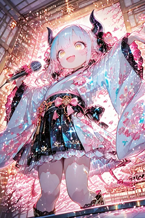 Japanese idol girl, little, Cute, kimono-style outfit, Shine, gorgeous, metallic fabric and satin, standing out in the bright light, sleeves and skirt luxuriously decorated with frills and ribbons,
, demonic horns and claws, double teeth, microphone, perf...