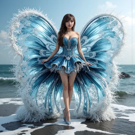 A cute girls white-skinned, blue-eyed, thin lips, Gigantic fake boobs veins, asian girls in a dress standing in front of a car, UHD, luxurious mechanism dress, ornate dress, shiny dress, sparkling dress, glossy motif dresses, elaborate fantasy dress with g...