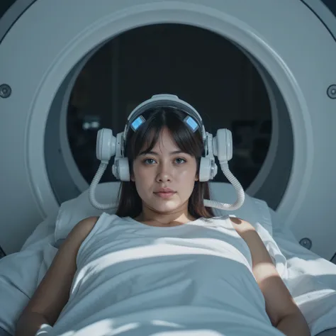 Masterpiece medical sci-fi photo, photorealistic frontview portrait of slim young (((fullbreasted))) female latina student leaning back on examination table of a MRI-scanner. On her head she wears a futuristic EEG-device with rounded white plastic parts, a...