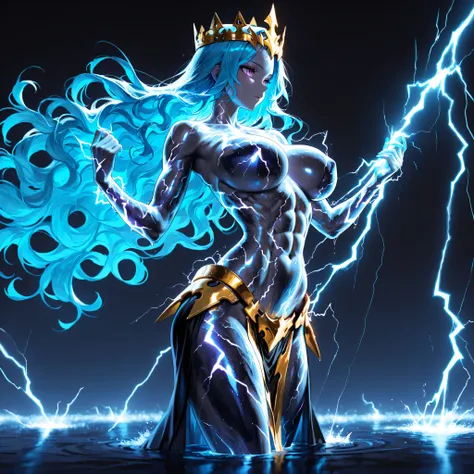 UHD, masterpiece, anatomically correct, textured skin, super detail, best quality, high-res, 16k, 1girl, solo, long wavy blue hair, transparent body, skin made of water, beautiful face, golden crown on head, purple eyes, slender body, big breasts, slender ...