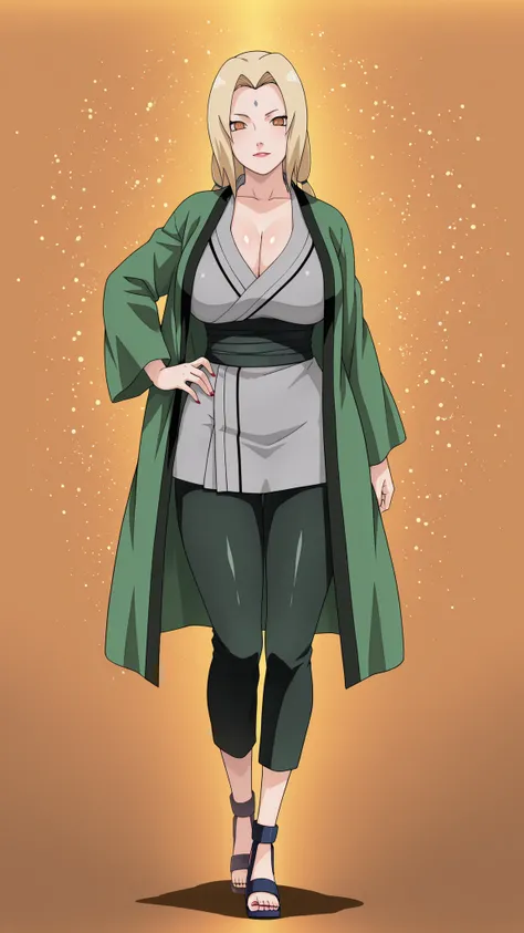 (Drawing for the Naruto anime:1.4),(Naruto anime color:1.2),(Mature Woman),(55 years old),(Tsunade),(5th Hokage-sama), Gold,masterpiece,best quality,highest resolution,high quality, solo,(large Breasts),(Super soft breasts:1.2),(slender body),(Three-dimen...