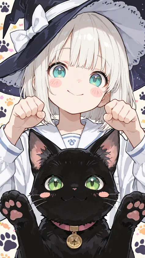 cute, 748cmstyle, (masterpiece:1.2, best quality), (beautiful detailed eyes:1.2), ((beautiful female)), (very detailed CG, ultra detailed), (very detailed and beautiful:1.1), (perfect detail:1.1), anime girl making a cat pose with her fingers, showing that she is okay, 1girl, :>, white sailor uniform, solo, short white bob hair, witch hat, smile, looking at viewer, blush stickers, black cat, cat footprints, candy house background, face close-up
