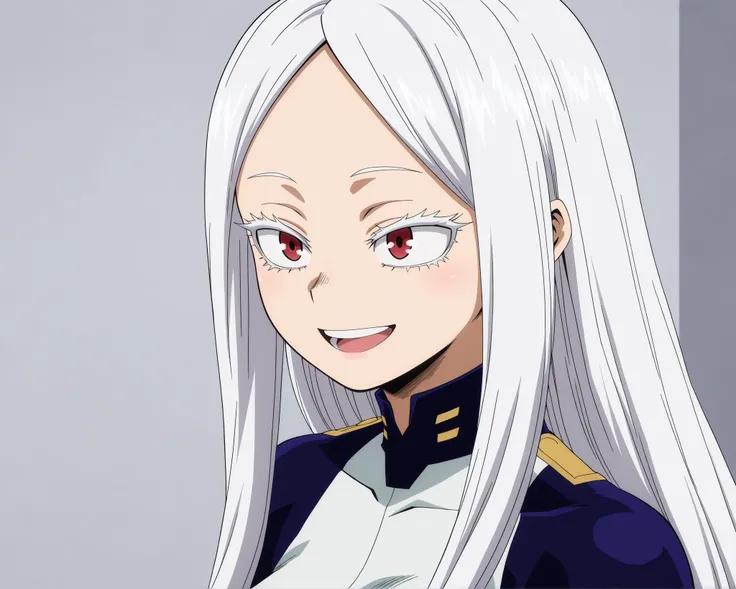 Boku no hero academia style, 1girl, solo, long hair, straight hair, no bangs, white hair, red eyes, colored eyelashes, white eyelashes, hero uniform, latex, smiling, open mouth