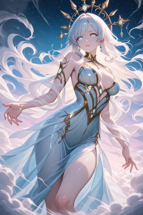 High-quality, masterpiece, detailed photography A gnome girl enveloped in crystalline air currents, her small, curvaceous body shaped by swirls of silver wind, her ethereal dress made of swirling, transparent breezes, her long, wild hair dancing in spirals...