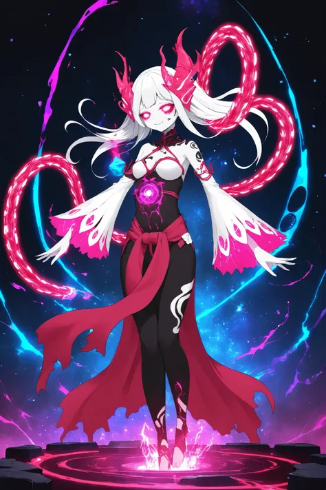 abyssal shrine maiden, glowing crimson hakama, void-touched sleeves, abyss bell ropes, luminous katana, corrupted offering, light-stained white, melancholic smile, purity dancing on abyss, quantum echo sounds, abyssal tattoos on skin, falling dance, radian...