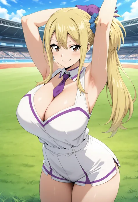 (best quality, masterpiece, ultra detailed, high resolution), Beautiful , tall, score_9, anime style, Masterpiece, best quality, 1girl, purple necktie, solo,<lora:lucy-heartfilia-100yq-illustriousxl-lora-nochekaiser:1>, lucy heartfilia, long hair, blonde h...