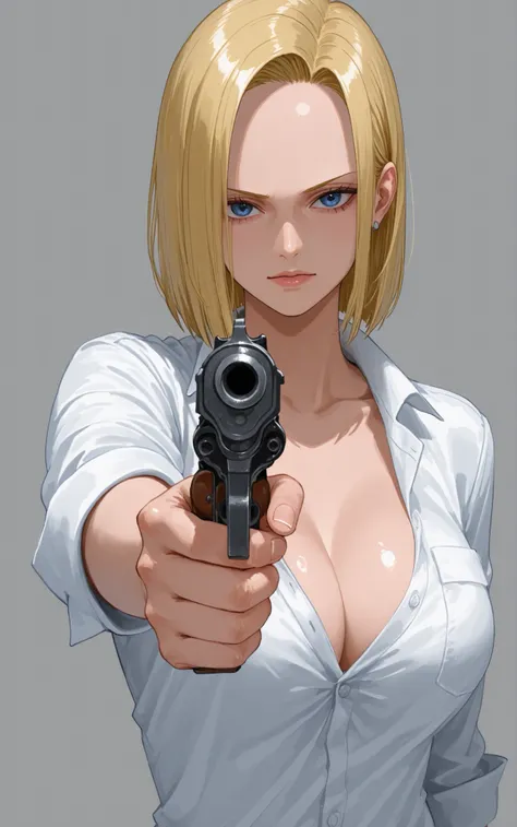 片手 holding weapon, handgun, holding gun, aiming at viewer, revolver, finger on trigger,(masterpiece, detailed:1.2),onepiecestyle,一人で、一人だけ、美女、セクシー、(人造人間18号:1.2)、Android18、巨乳、(ブラックスーツ:1.2)、白背景、金髪、ショートヘア、パールのイヤリング、パールのネックレス、猟奇的な笑顔、ワンハンド