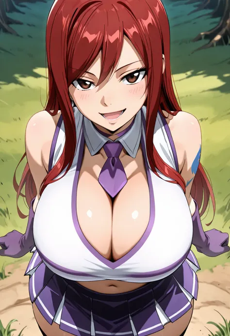 (best quality, masterpiece, ultra detailed, high resolution), Beautiful , tall, score_9, anime style, Masterpiece, best quality, 1girl, purple necktie, solo, <lora:Fairy_Tail_-_Erza_Scarlet_-_Illustrious:0 . 8>, Erza Scarlet,red hair, long hair, brown eyes...