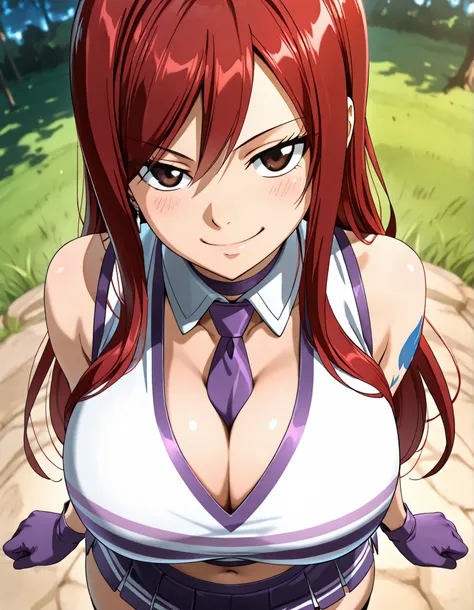 (best quality, masterpiece, ultra detailed, high resolution), Beautiful , tall, score_9, anime style, Masterpiece, best quality, 1girl, purple necktie, solo, <lora:Fairy_Tail_-_Erza_Scarlet_-_Illustrious:0 . 8>, Erza Scarlet,red hair, long hair, brown eyes...