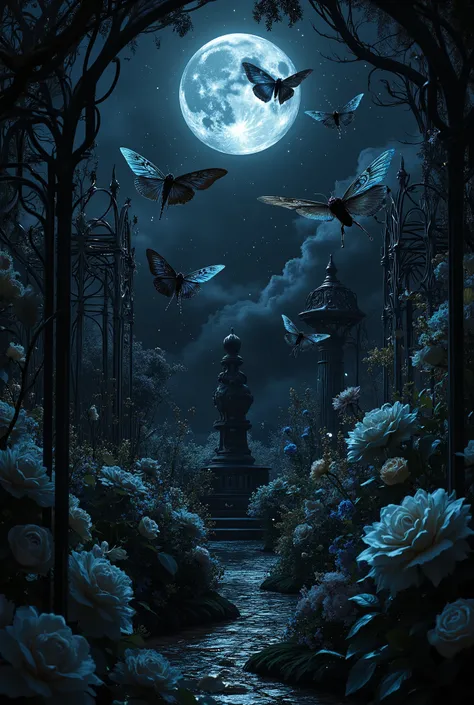 A beautifully detailed garden with dark colored moonflowers and roses,  Moonlite sky, gothic garden asthetic, luna moths flying in the sky