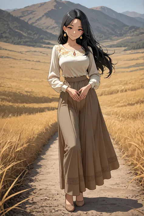 masterpiece, best quality, amazing quality, very aesthetic, high resolution, ultra-detailed, absurdres, newest, 1girl, solo, looking at viewer, long sleeves, full body, black hair, earrings, long hair,Myanmar blouse and long skirt,smile, winds,black hair,