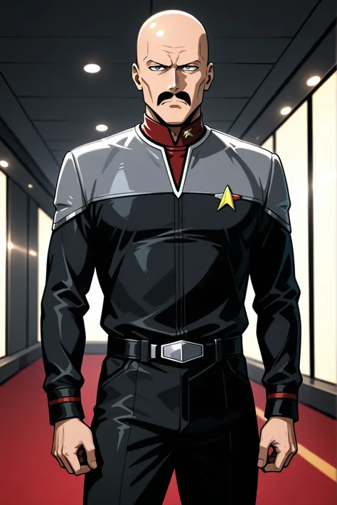Masterpiece, 1boy, highly detailed, adult male, thin physique, tall,  character, Star Trek (human male) mid 40s, bald, stern expression mustache,ds9st,black and grey star trek uniform,grey shoulders, red neck,red strip at wrist,black jumpsuit,long black sl...