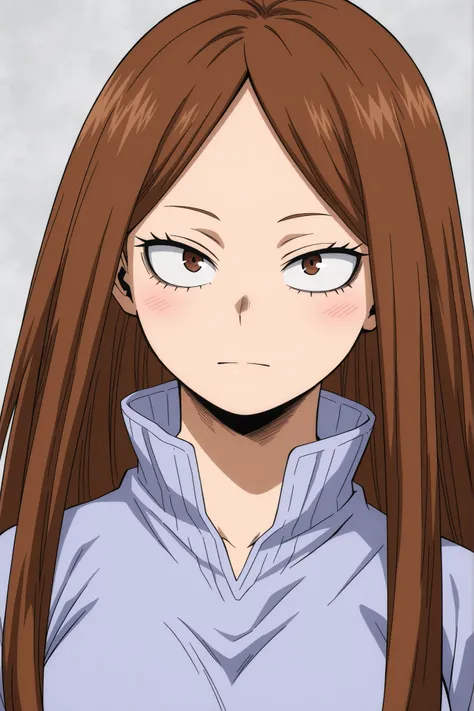 my hero academia style, 1girl, solo, sharp eyes, long hair, no bangs, brown eyes, brown hair, straight hair