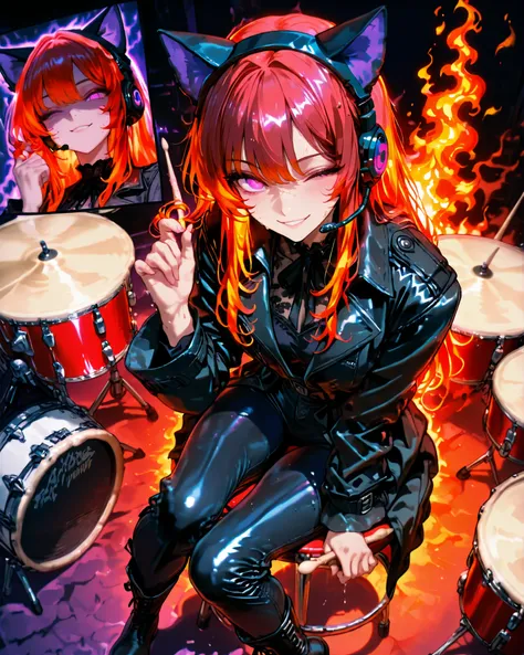 down top angle, close-up, (masterpiece, 4k, ultra detailed, vivid colors, dynamic pose), {1woman}: (a beautiful and attractive woman, with long red hair, wearing a headset with cat ears, expressive purple eyes, wearing a black blouse, black jeans with rips...