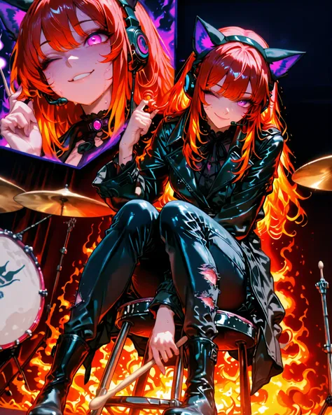 top down angle, close-up, (masterpiece, 4k, ultra detailed, vivid colors, dynamic pose), {1woman}: (a beautiful and attractive woman, with long red hair, wearing a headset with cat ears, expressive purple eyes, wearing a black blouse, black jeans with rips...