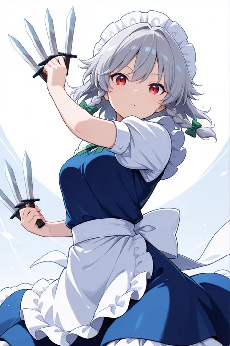 ((傑作)), (最高品質:1.2),1girl, izayoi sakuya (touhou), red eyes, maid, medium hair, twin braids, grey hair, maid headdress, blue dress, puffy short sleeves, maid apron, waist apron, white apron, green bow, hair bow, waist bow, white bow, knife, knives between f...