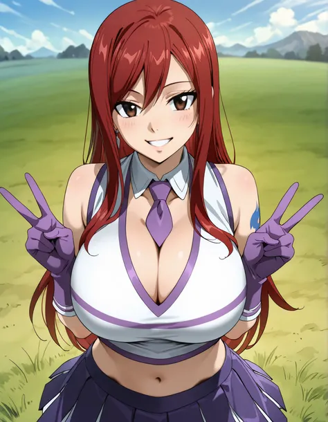 (best quality, masterpiece, ultra detailed, high resolution), Beautiful , tall, score_9, anime style, Masterpiece, best quality, 1girl, purple necktie, solo, <lora:Fairy_Tail_-_Erza_Scarlet_-_Illustrious:0 . 8>, Erza Scarlet,red hair, long hair, brown eyes...