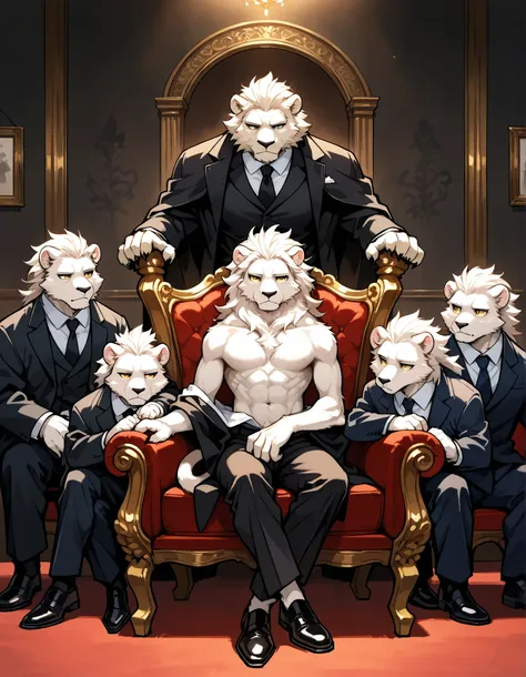 furry, harem, male skinny white lion, white fur, bored, mafia boss, mafia, round eyes, sitting on a chair, dark office, chains on the wall, mafia clothes on, pants on, surrounded by other wolves mafia from behind, neck tuff, cute, claws, no nipples, full b...