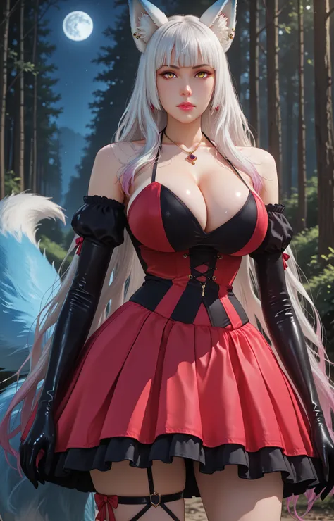 SteelLadyNanaseDress, (two colored dress, red dress, black dress), frilled dress, criss-cross halter, (crosslace corset), thigh straps, black elbow gloves, glossy gloves, red highheels,,Emilie de Rochefort, white hair, very long hair, wavy hair, fluffy ani...