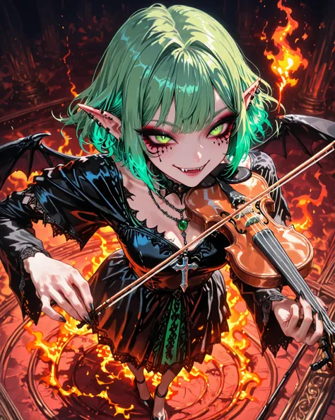 high angle, close-up, (masterpiece, 4k, ultra detailed, vivid colors, dynamic pose), {1woman}: (a beautiful and attractive woman, short green hair, elf ears, expressive green eyes, eye and face makeup, wearing a black gothic dress with black high heels, a ...