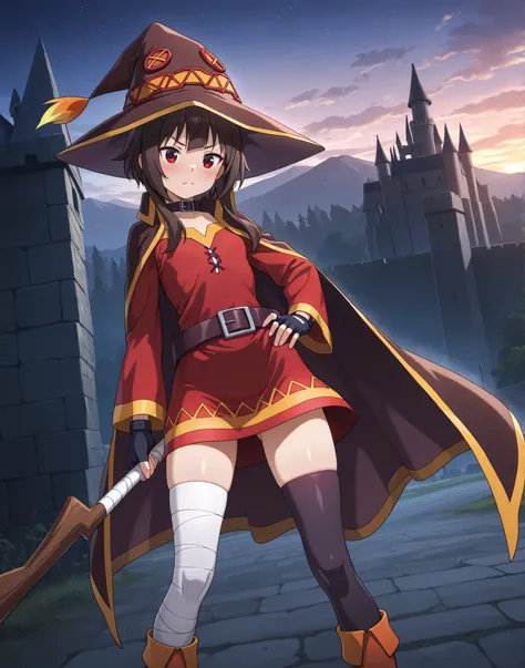 (masterpiece) ,best quality,amazing quality,very aesthetic,absurdres,newest, Best quality), (Masterpiece), ,)), 1girll,l,Solo, ,megumin, short hair, black hair, red eyes, side locks, long locks, thighhighs, gloves, hat,red dress, black gloves, belt, black ...