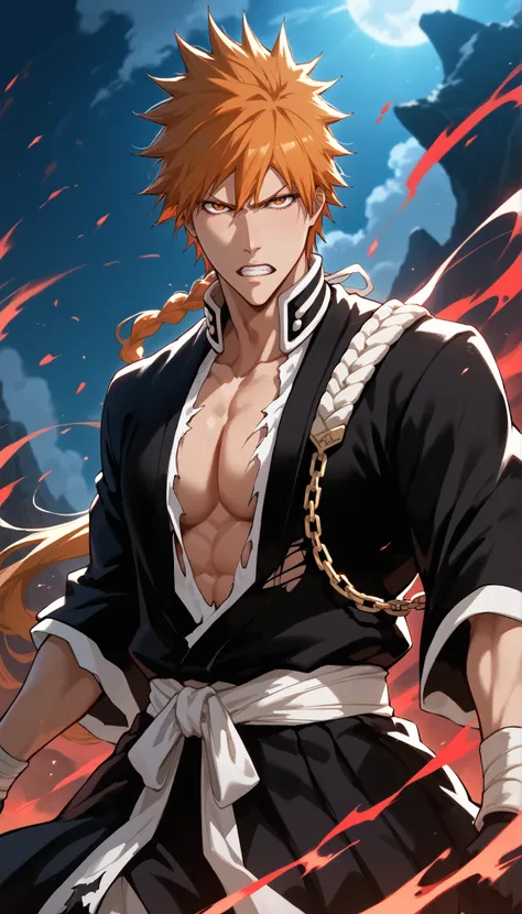Score_9, Score_8_up, Score_7_up, Score_6_up, Score_5_up, Score_4_up, Source_anime, anime art, anime style, masterpiece, best quality, , long , man , ichigo kurosaki , bleach , sword , fierce , lighting, sword pulling it out ting , muscular bulked body ,   ...
