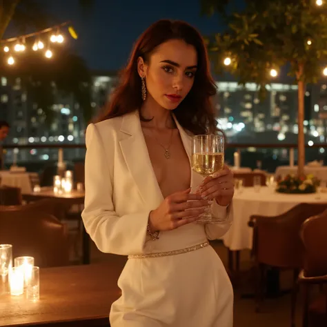 Editorial portrait of a young woman, determined and sophisticated, meio corpo. She has light brown hair, lisos e soltos, elegant makeup in neutral tones, with soft red lips. She wears a white tailoring jumpsuit, modern and structured, with a thin belt mark...