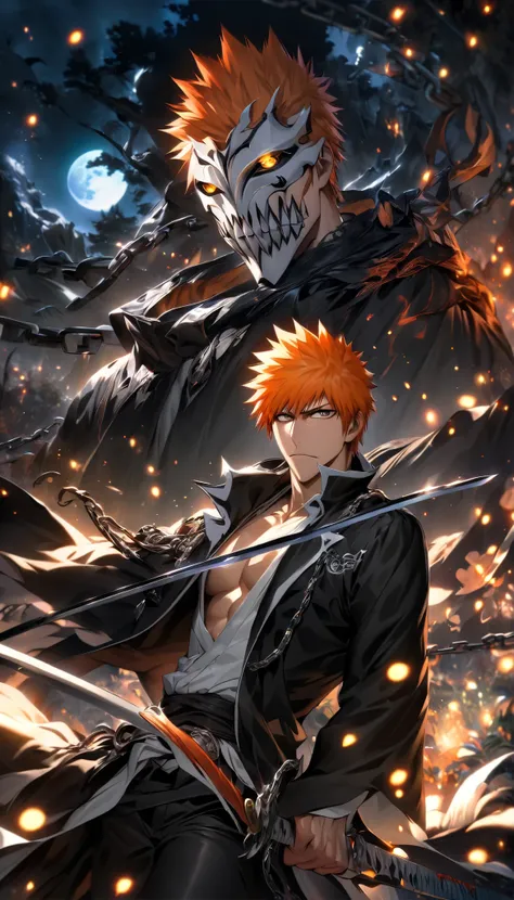absurdres, highres, ultra detailed, HDR, master piece, best quality, extremely detailed face and eyes, perfect face, Kurosaki Ichigo, expressive brown eyes, orange hair, bleach, solo, sexy man, handsome, black coat, black pants, sword  , looking at you ,mo...