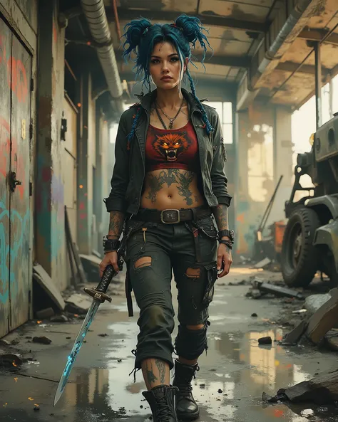 A woman with cobalt-blue hair styled into a cascade of thick braids adorned with metallic charms and chains stands in a derelict warehouse. Her leather jacket, painted with a snarling wolf surrounded by flames, hangs loosely off her shoulders, revealing a ...