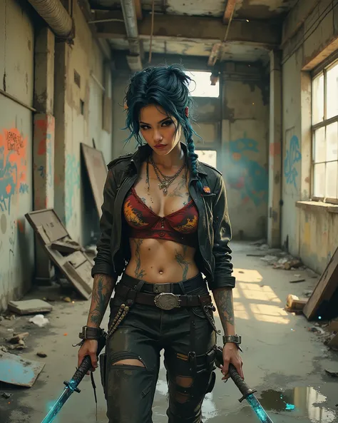 A woman with cobalt-blue hair styled into a cascade of thick braids adorned with metallic charms and chains stands in a derelict warehouse. Her leather jacket, painted with a snarling wolf surrounded by flames, hangs loosely off her shoulders, revealing a ...