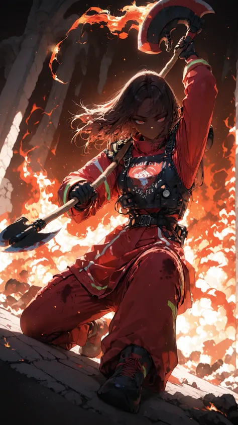 Firefighter girl , chibi, little, ultra cute , baggy clothes , aiming a firefighter's axe at down , soot-stained skin, soot-stained clothes , Dynamic Action Pose , Background of the Fire Scene ,
break ,
( ambient occlusion:0.9 ) , masterpiece , best qua...