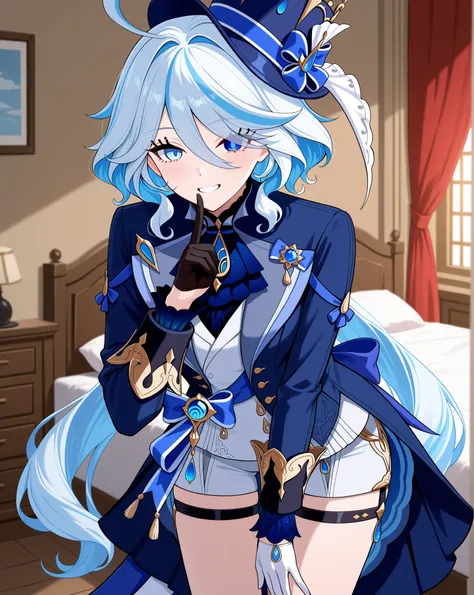 	Furina \Genshin Impact\, 
long hair, white hair, 

blue headwear, top hat, 
blue jacket, long sleeves, 
blue tailcoat, 
white vest, 
assymetrical gloves, 
white shorts, 

bedroom, 
1 beautiful girl, solo, 

masterpiece, best quality, top quality, newest, ...