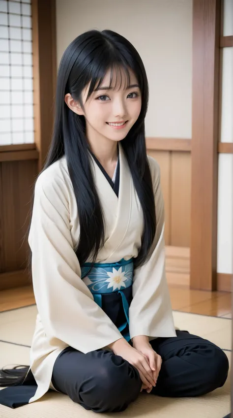 a beautiful 20 year old Japanese woman , long black hair , miko outfit , sitting in seiza , hands on knees , gentle smile , idol -like charm , detailed face , symmetrical face ,
