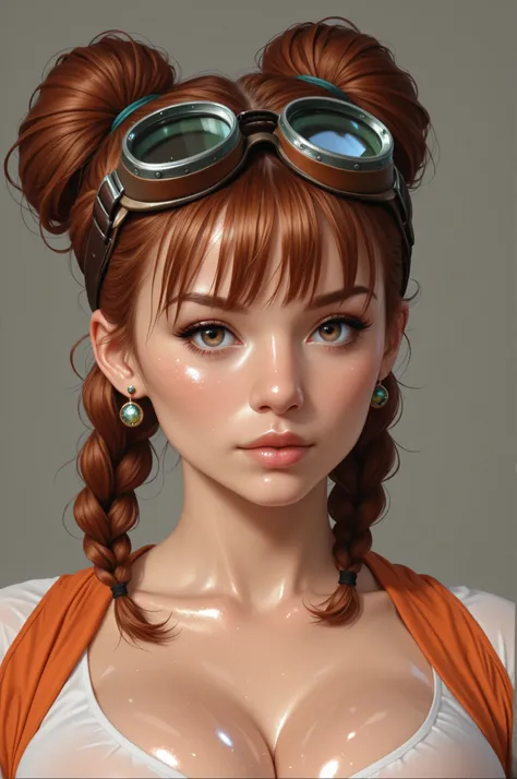 1girl, goggles, goggles on head, solo, eyewear on head, realistic, lips, grey background, cleavage, looking at viewer, earrings, twin braids, breasts, nose, ((shiny skin)), ((glossy skin))