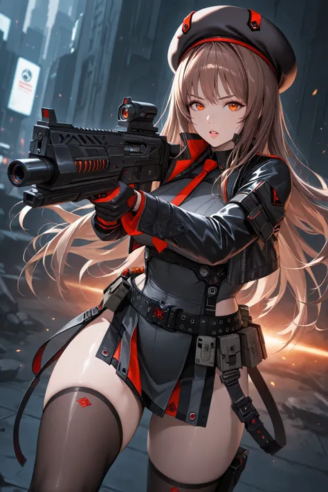score_9, score_8_up, score_7_up, source_anime, 1girl, solo, <lora:rapi-nikke-richy-v1_pdxl:1>, rapidef, orange eyes, brown hair, long hair, bangs, beret, black jacket, cropped jacket, red necktie, gloves, belt, thighhighs, parted lips, looking at viewer, s...