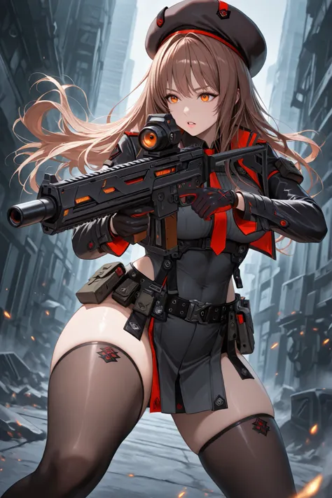 score_9, score_8_up, score_7_up, source_anime, 1girl, solo, <lora:rapi-nikke-richy-v1_pdxl:1>, rapidef, orange eyes, brown hair, long hair, bangs, beret, black jacket, cropped jacket, red necktie, gloves, belt, thighhighs, parted lips, looking at viewer, s...