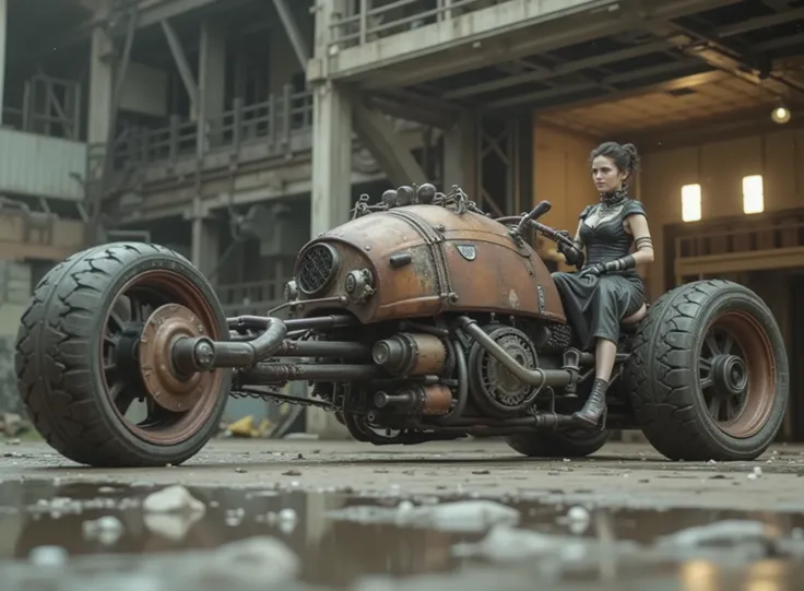 The image shows a desolate stage with a Renegade Princess, and taking the handlebars to adapt to the speed on a uniquely designed motorcycle that embodies a steampunk or post-apocalyptic aesthetic. The motorcycle is sturdy, has only 2 sturdy all-terrain wh...