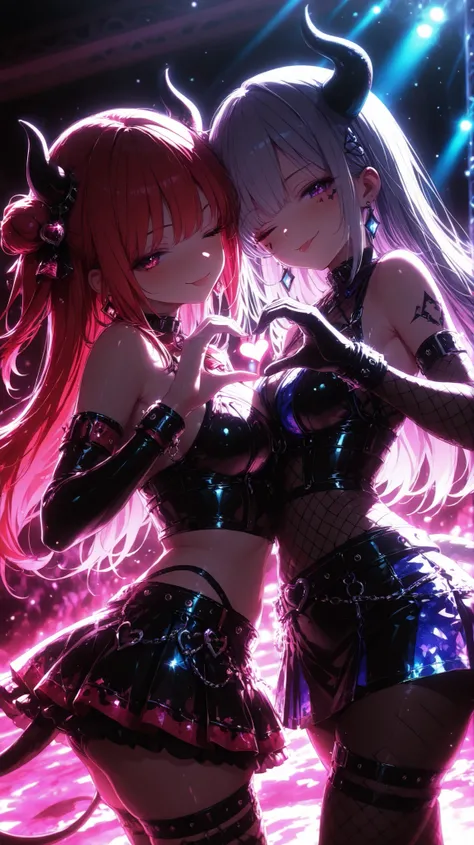 2girls , A two-member idol unit formed by hell's jailers , Cow Girl and Horse Girl , heart hands duo , Souls who have fallen into hell and the demon jailers revel at an idol concert , Hell's Background , Idol Live Performance , Bondage, leather miniskirt, ...