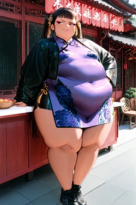 ,masterpiece, best quality,1girl, solo,Z03yKP0P, long hair, black hair, twin tails, brown eyes, lips, dark brown skin, Asian, shirt, long sleeves, hair ornament, ribbon, hair ribbon, open clothes, shorts, open jacket, black jacket, black shorts, Chinese cl...