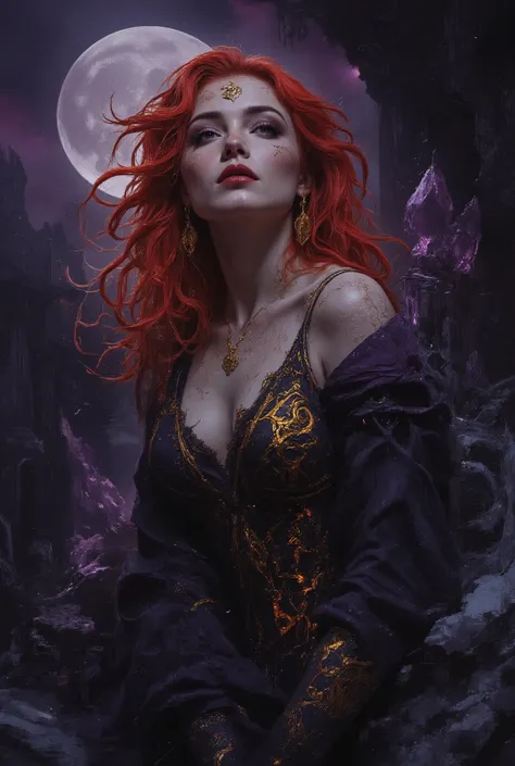 Intimate semi realistic surreal portrait of a divine siren goddess, oil painting with expressive brushstrokes, impossibly beautiful eyes like deep cosmic pools - huge and mesmerizing with gold-flecked violet irises burning with inner fire, framed by thick ...