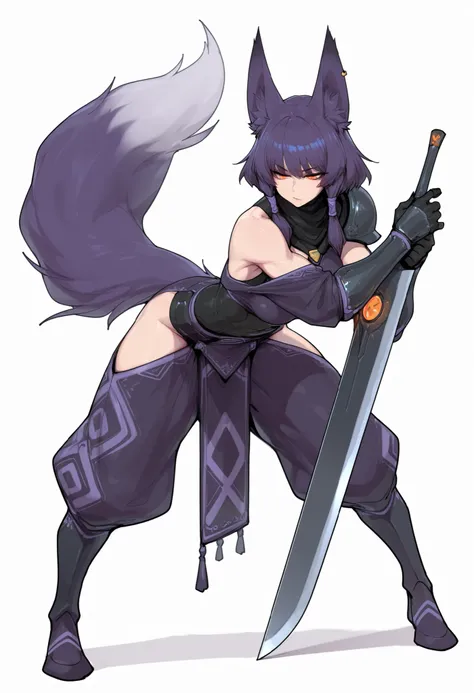 gorgeous kitsune girl, beautiful face, kitsune, hair of ash-purple color, beautiful woman, orange eyes, slit pupils, volputrous body, toned woman, curvy and athletic, fox ears, short hair, dark adventurer jacket, buggy pants, single steel pauldron vambrace...